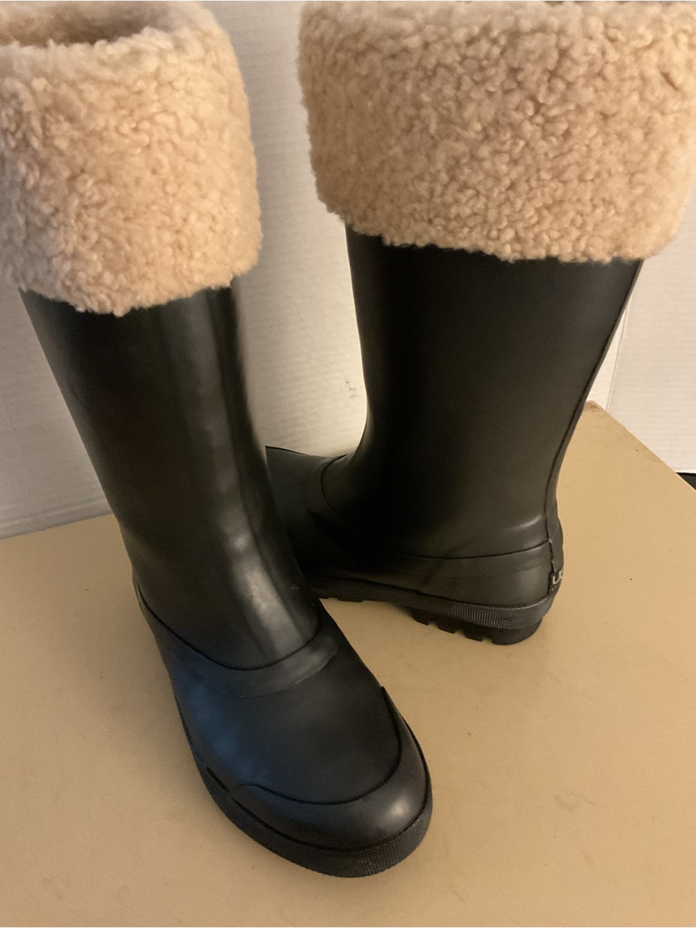 UGG Black Rain Boots with Cream Shearling Cuffs
